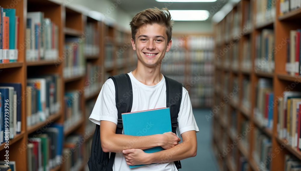 Portrait of smiling teenage boy standing with backpack in library, holding textbooks, preparing for research project, study concept, student Portrait of smiling teenage boy standing with backpack in library, holding textbooks, preparing for research project, study concept, student