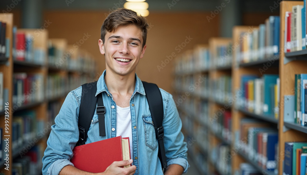 Portrait of smiling teenage boy standing with backpack in library, holding textbooks, preparing for research project, study concept, student Portrait of smiling teenage boy standing with backpack in library, holding textbooks, preparing for research project, study concept, student