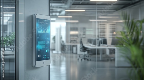 Smart thermostats and air purifiers controlled by mobile apps in a techforward office space, smart office, climate control technology