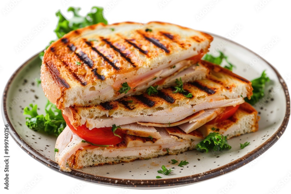 A freshly made grilled sandwich served on a plate with crunchy lettuce and juicy tomatoes A freshly made grilled sandwich served on a plate with crunchy lettuce and juicy tomatoes