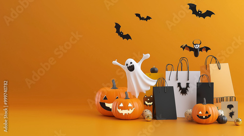 This promotional banner showcases various Halloween elements, including playful pumpkins, a cheerful ghost, and bats, all set against a vibrant orange background