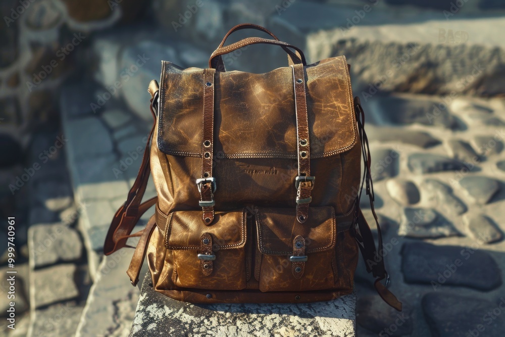 A worn-out backpack sits atop a stone wall, perfect for outdoor adventures or rustic settings A worn-out backpack sits atop a stone wall, perfect for outdoor adventures or rustic settings