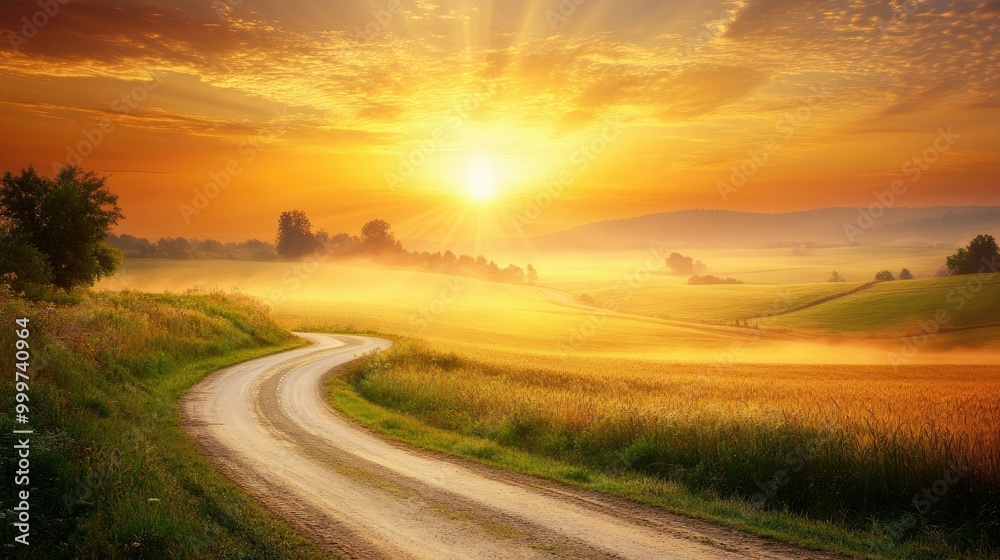 A winding road through a golden landscape at sunrise, evoking tranquility and beauty. A winding road through a golden landscape at sunrise, evoking tranquility and beauty.