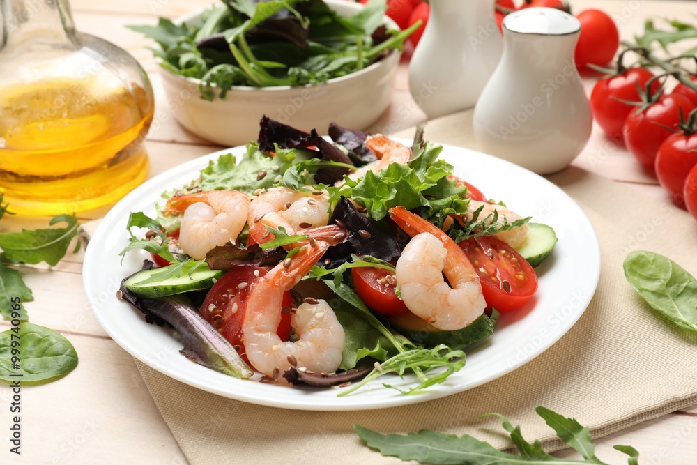 Delicious shrimp salad and ingredients on wooden table, closeup Delicious shrimp salad and ingredients on wooden table, closeup