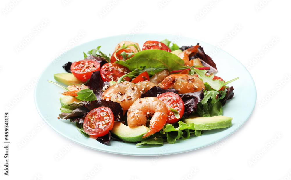 Delicious shrimp salad with vegetables isolated on white Delicious shrimp salad with vegetables isolated on white