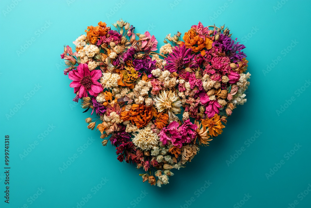 Abstract colorful dried flowers in the shape of a heart on teal background Abstract colorful dried flowers in the shape of a heart on teal background