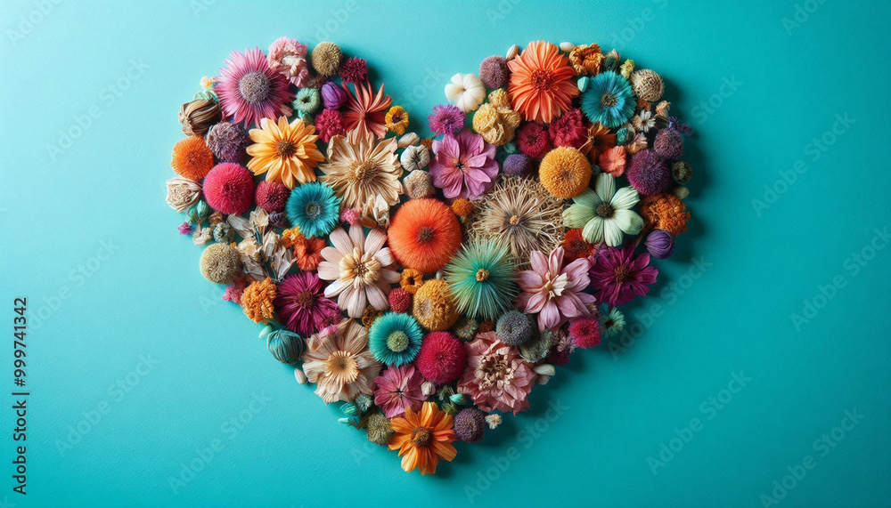 Abstract colorful dried flowers in the shape of a heart on teal background Abstract colorful dried flowers in the shape of a heart on teal background