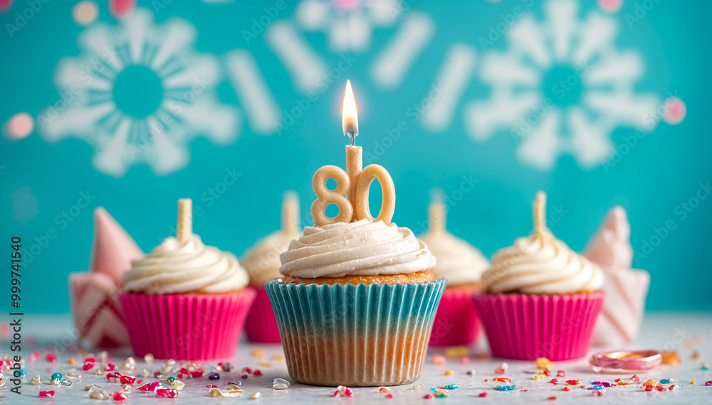 Birthday cupcake with burning lit candle with number 80. Number eighty for eighty years or eightieth anniversary. Birthday cupcake with burning lit candle with number 80. Number eighty for eighty years or eightieth anniversary.