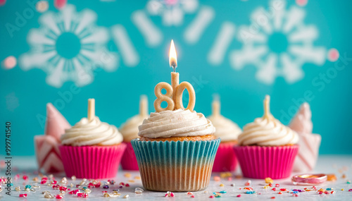 Birthday cupcake with burning lit candle with number 80. Number eighty for eighty years or eightieth anniversary. photo