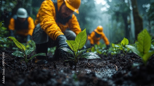 Workers planting seedlings in a lush, misty forest. They wear bright orange gear, actively engaging in reforestation.