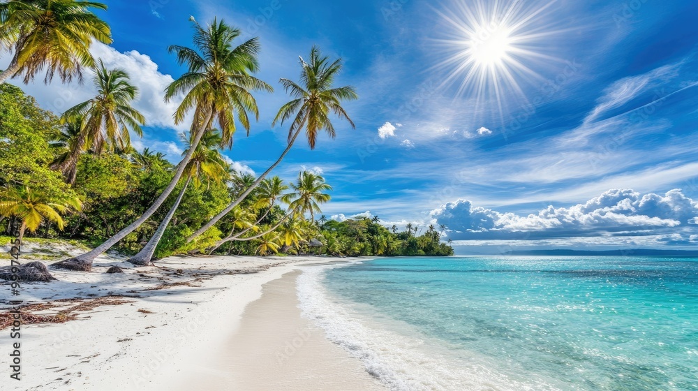A serene tropical beach with palm trees, clear water, and a bright sun. A serene tropical beach with palm trees, clear water, and a bright sun.