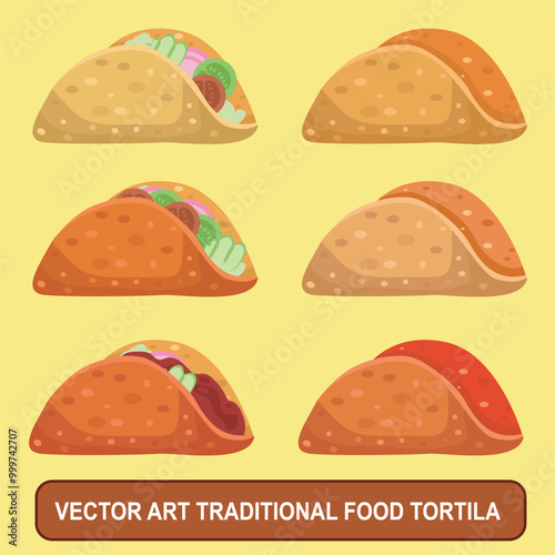 Vector illustration of traditional food tortilla stuffed with minced meat with vegetables and sauce. soft and delicious tortilla bread with a savory texture. for food, culinary and street food blogs