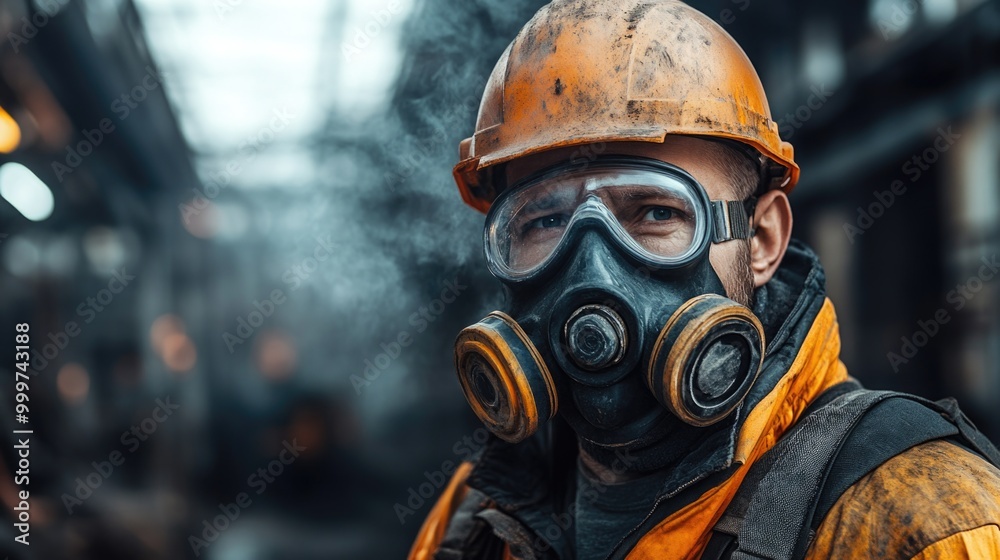 A construction worker wears a high-grade dust mask while working in a busy industrial environment A construction worker wears a high-grade dust mask while working in a busy industrial environment
