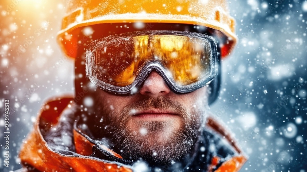 A construction worker in a helmet and goggles faces heavy snowfall during winter work A construction worker in a helmet and goggles faces heavy snowfall during winter work