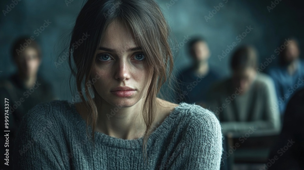 A sad woman sits quietly in a support group, surrounded by people sharing their struggles A sad woman sits quietly in a support group, surrounded by people sharing their struggles