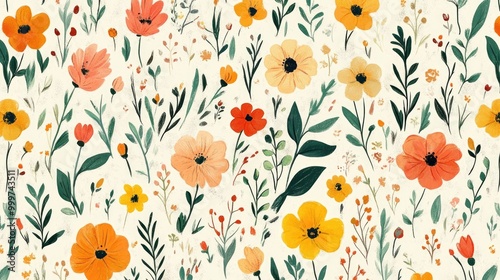 This seamless pattern showcases vintage floral and botanical illustrations in soft hues