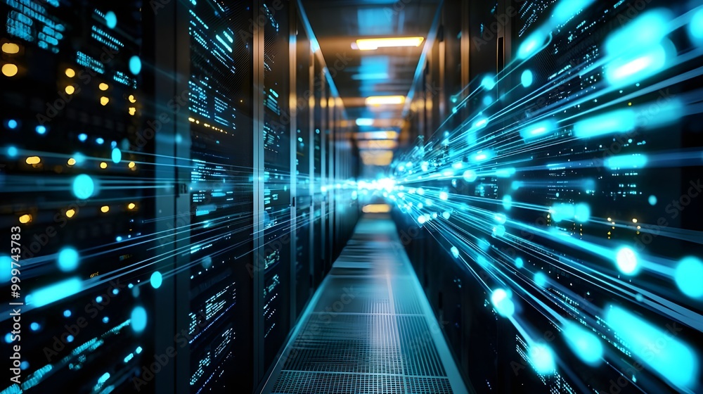 High Speed Data Transfer Through Server Racks - Futuristic Technology Concept. High Speed Data Transfer Through Server Racks - Futuristic Technology Concept.