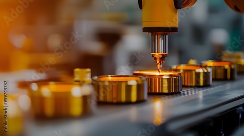 Close-up of a robotic arm welding a metal part on a production line.