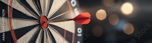 Close-up of a dart hitting the bullseye on a dartboard with a blurred background, symbolizing precision, focus, and success.