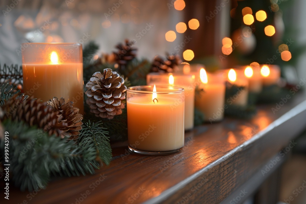 A warm arrangement of lit candles and pinecones graces a wooden table, creating a cozy atmosphere perfect for winter celebrations. Soft glowing lights enhance the serene setting A warm arrangement of lit candles and pinecones graces a wooden table, creating a cozy atmosphere perfect for winter celebrations. Soft glowing lights enhance the serene setting