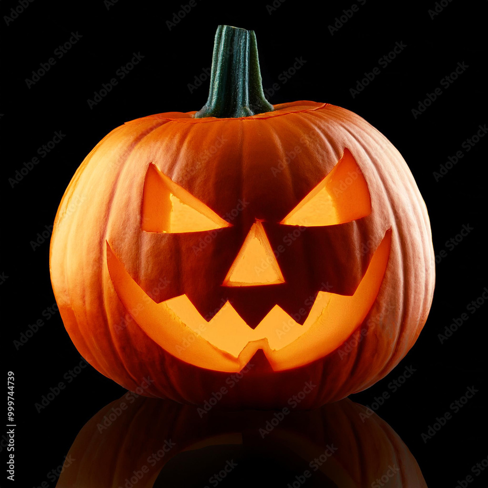 Fototapeta premium Miniature Jack O Lantern face for Halloween isolated on black. Carved pumpkin in dark night. Holiday