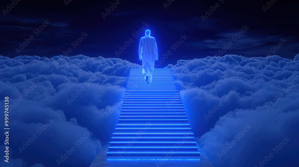 A luminous soul ascending a glowing staircase into the clouds, A mystical figure walking up glowing stairs through clouds, representing a journey to the unknown and spiritual enlightenment. A luminous soul ascending a glowing staircase into the clouds, A mystical figure walking up glowing stairs through clouds, representing a journey to the unknown and spiritual enlightenment.