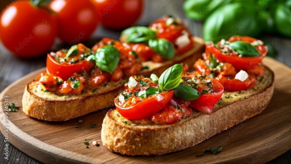 Freshly baked bread with vibrant tomato and basil topping Freshly baked bread with vibrant tomato and basil topping
