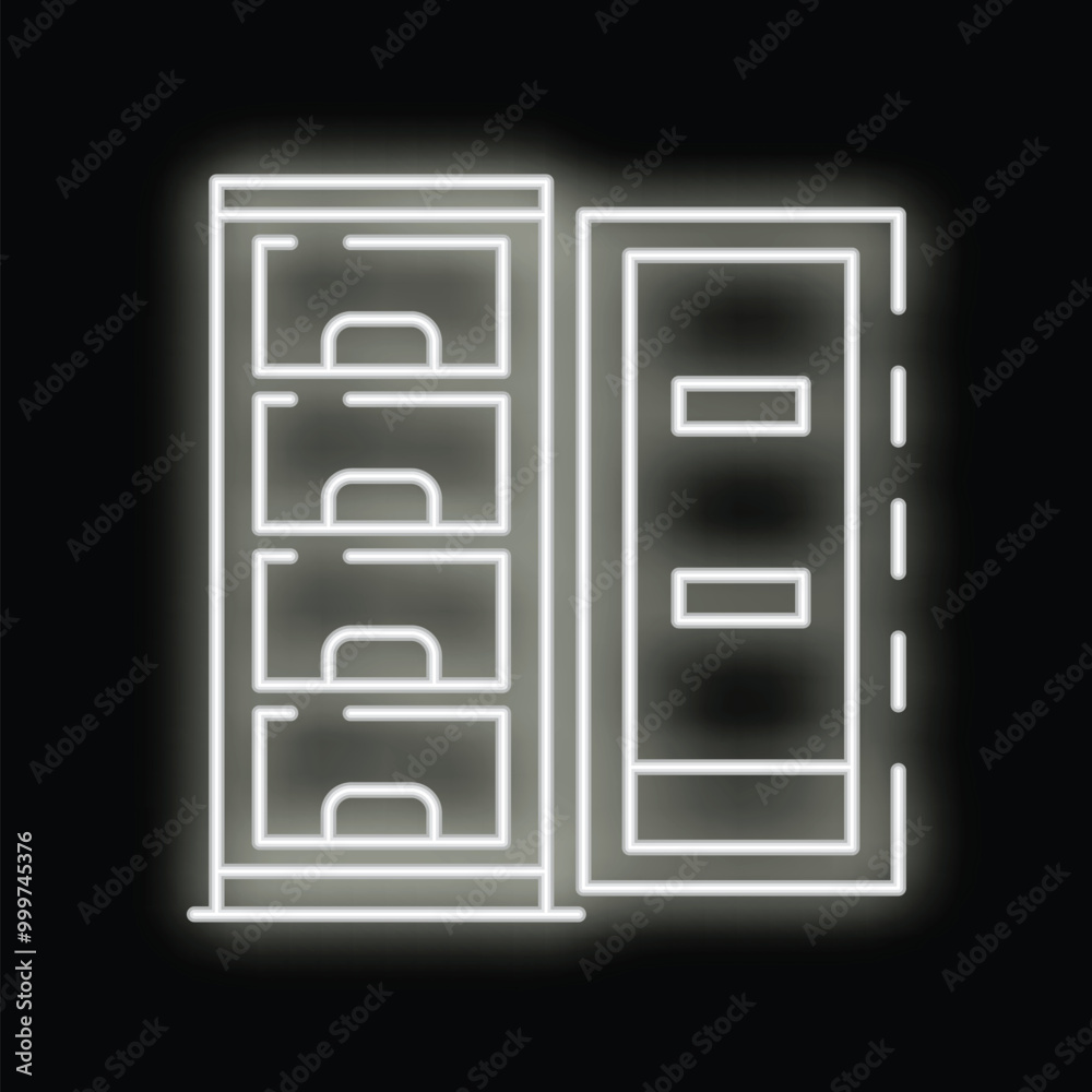 White glowing neon line cupboard icon isolated on black background. Vector White glowing neon line cupboard icon isolated on black background. Vector