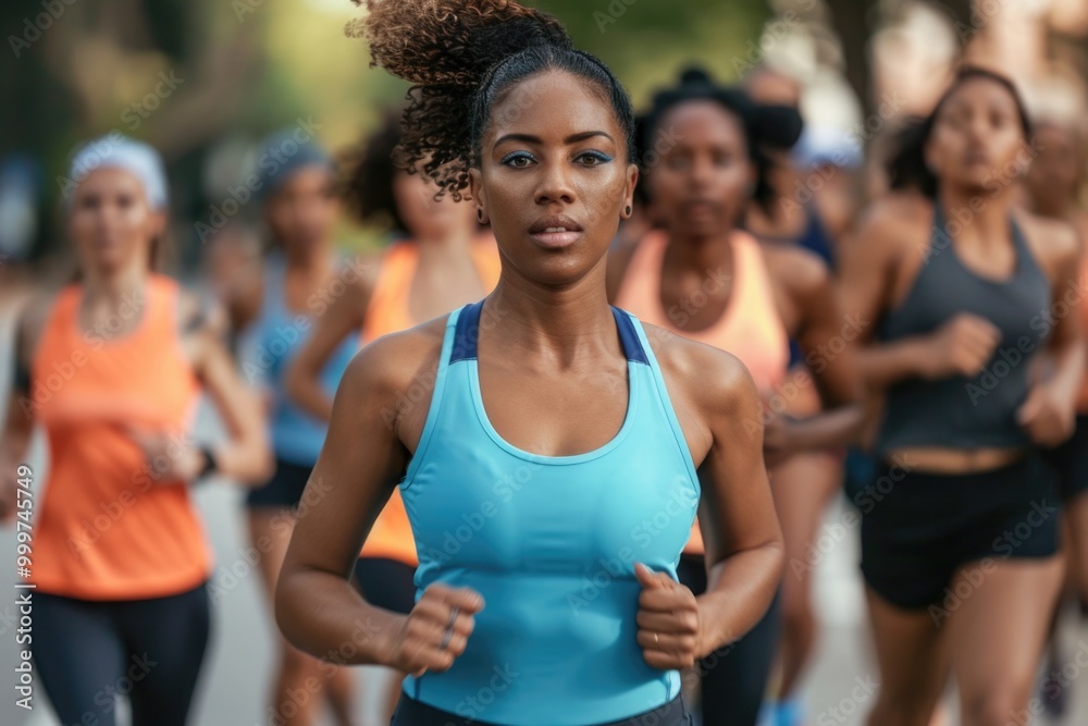 A group of women participating in a marathon, with determination and energy A group of women participating in a marathon, with determination and energy
