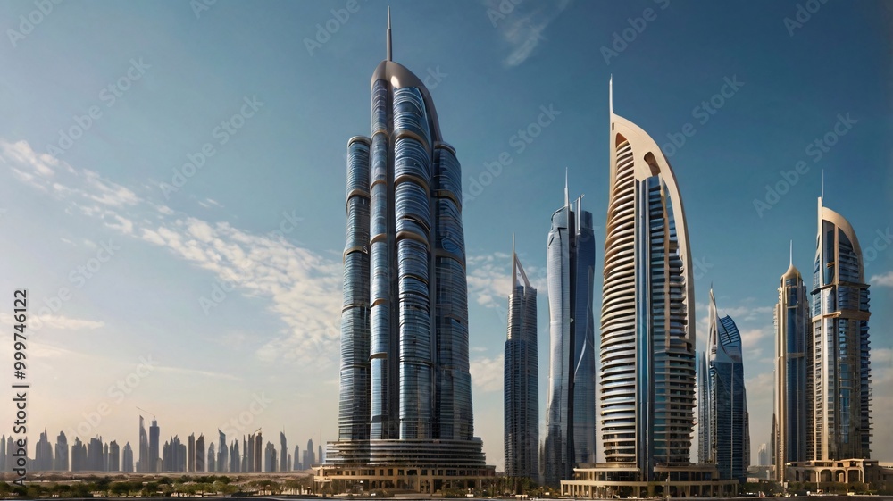 Fototapeta premium A cityscape view of Dubai’s futuristic towers, with clear skies and minimal clouds, emphasizing the luxurious urban design 