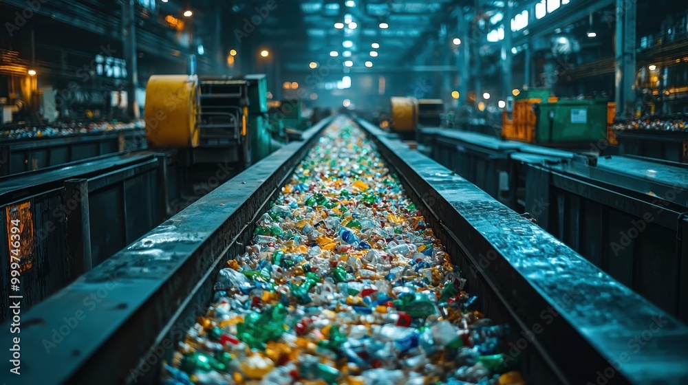 A vivid view of an industrial recycling facility, showcasing a conveyor belt filled with colorful plastic waste amidst a dimly lit environment.