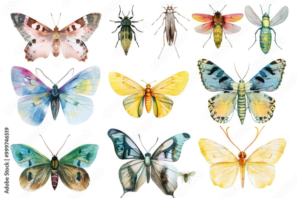 A collection of colorful butterflies on a white background, perfect for illustrations and design projects A collection of colorful butterflies on a white background, perfect for illustrations and design projects