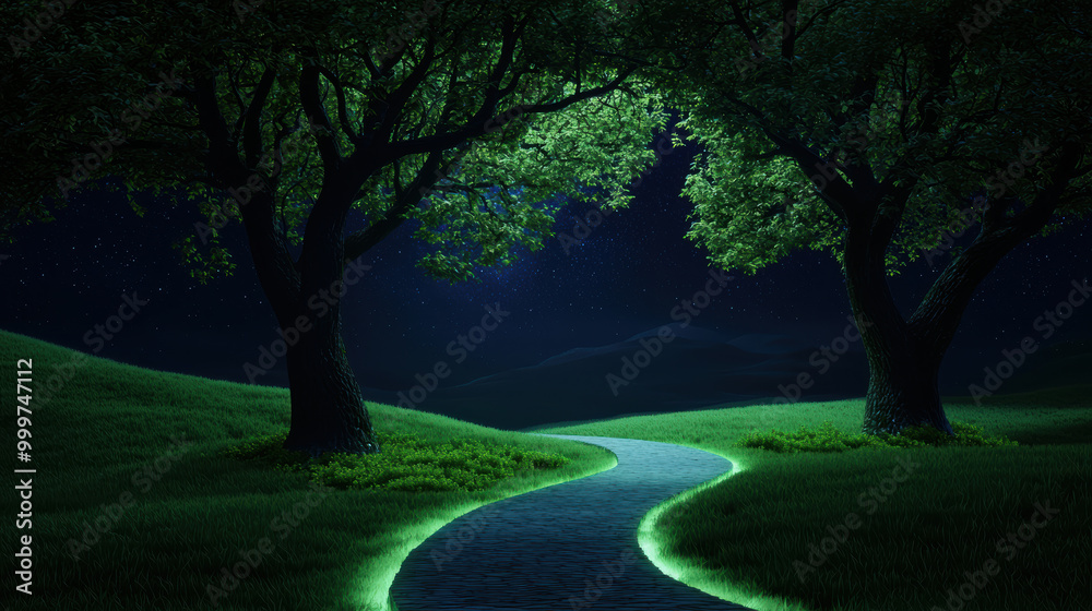 A mystical pathway of light through an ancient forest, guiding the soul towards enlightenment, soul s journey, spiritual awakening, nestled between two lush trees. A mystical pathway of light through an ancient forest, guiding the soul towards enlightenment, soul s journey, spiritual awakening, nestled between two lush trees.