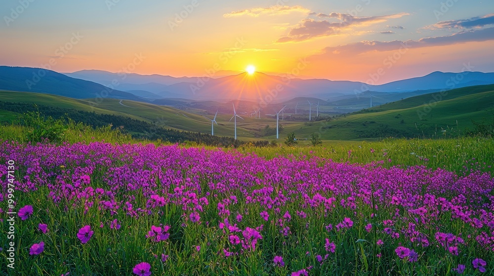 Obraz premium A serene sunset over a vibrant field of purple flowers, set against rolling hills and a clear sky, creating a peaceful landscape.
