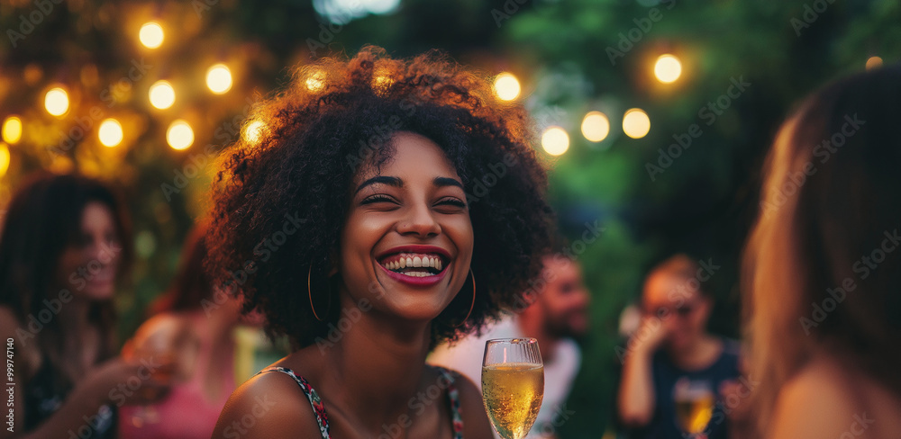 Woman enjoying a social gathering outdoors with string lights, drinking wine, and smiling during an evening party celebration with friends Woman enjoying a social gathering outdoors with string lights, drinking wine, and smiling during an evening party celebration with friends