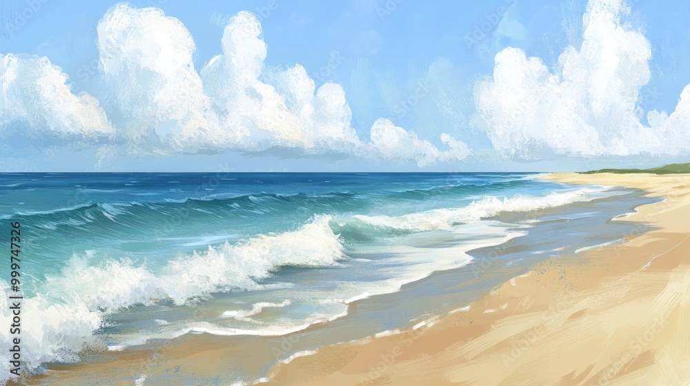 A serene beach scene with gentle waves and a clear blue sky. A serene beach scene with gentle waves and a clear blue sky.