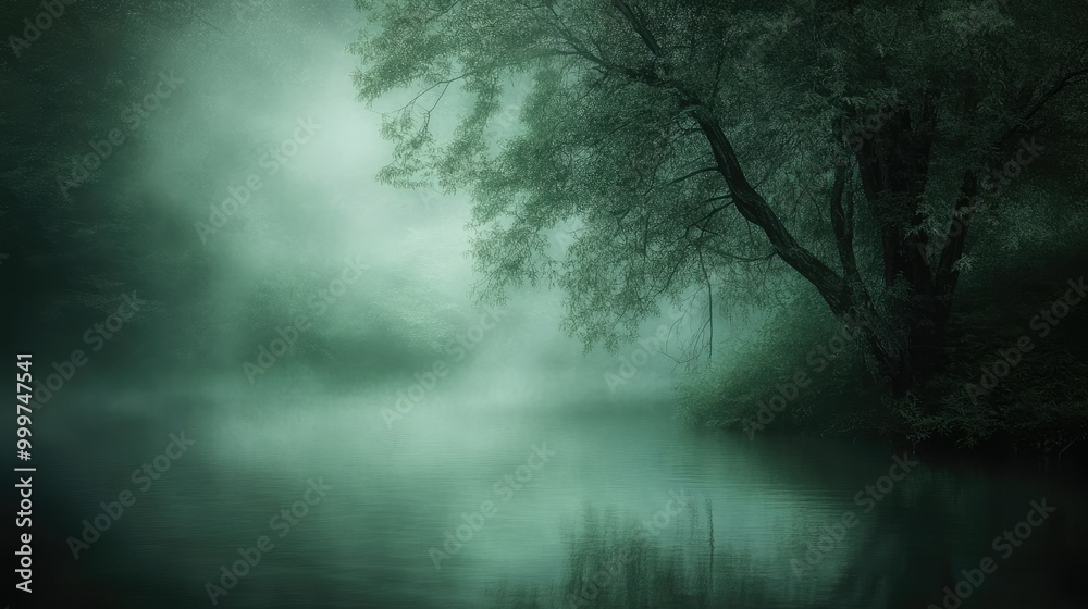 A serene, misty landscape featuring a tree beside a calm, reflective body of water. A serene, misty landscape featuring a tree beside a calm, reflective body of water.