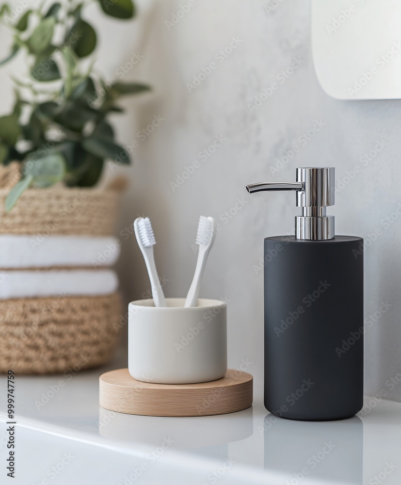 Naklejka premium bathroom accessories, pump dispenser, toothbrushes