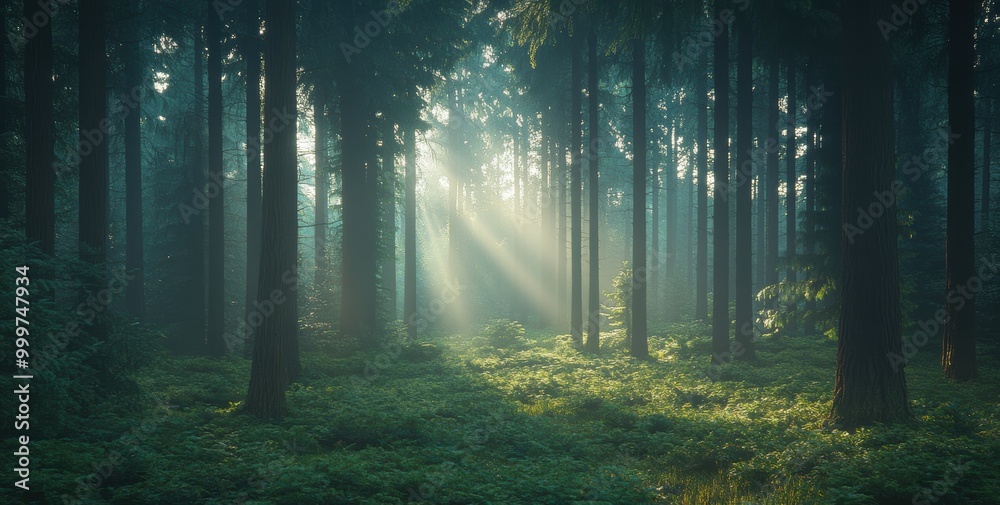 Naklejka premium Sunbeams in the Woods.