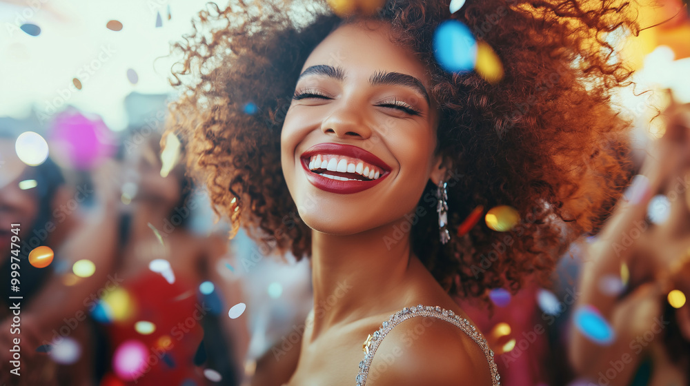 Joyful woman celebrating with confetti and friends during a vibrant outdoor party, smiling and enjoying the festive atmosphere with colorful decorations