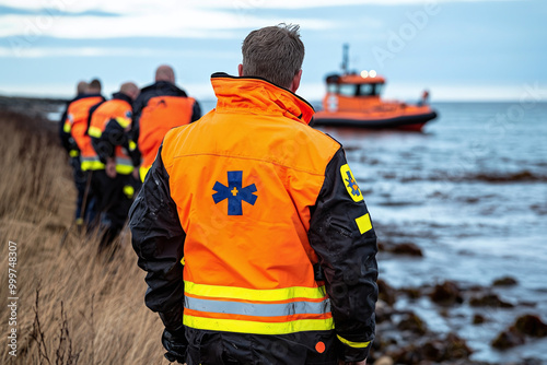 a marine paramedic in an orange jacket positioned near the shoreline, with a rescue boat in the distance, heroic seaside presenc photo