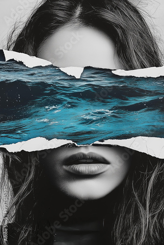 black-and-white photo collage of a woman with blue ocean water covering her eyes, the paper ripped in the middle photo