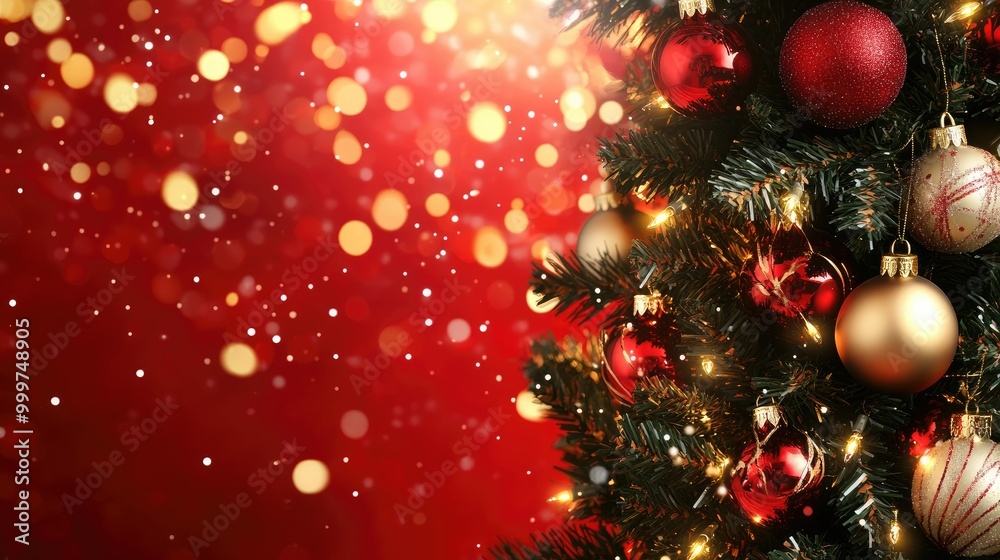 A festive Christmas tree adorned with ornaments and lights against a shimmering red background.