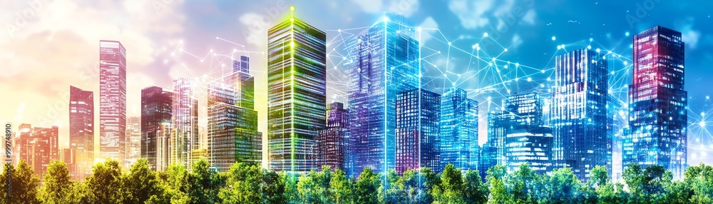 Obraz premium Vibrant futuristic cityscape with colorful skyscrapers and digital connection lines showcasing smart city technology and innovation.