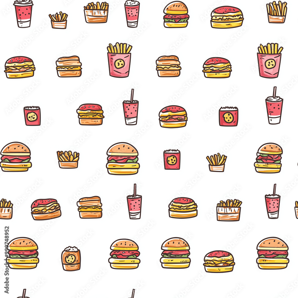 Fast food icons including hamburgers, drinks and french fries are arranged as a seamless wallpaper for use as a background or fabric pattern. Fast food icons including hamburgers, drinks and french fries are arranged as a seamless wallpaper for use as a background or fabric pattern.