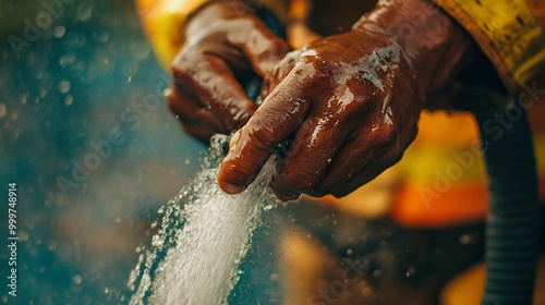 Close-up of hands holding a hose spraying water.