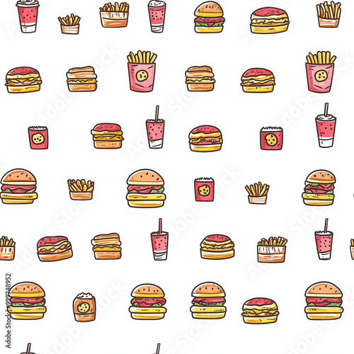 Fast food icons including hamburgers, drinks and french fries are arranged as a seamless wallpaper for use as a background or fabric pattern. photo