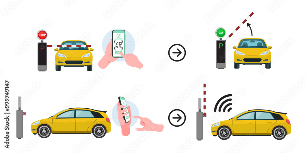 Naklejka premium Cars at Parking Lot Entrance: Hand Holding Smartphone for QR Code Scanning and Payment System with Boom Barrier Access – Vector Illustration