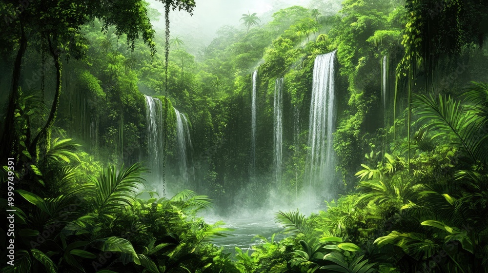A serene jungle landscape featuring cascading waterfalls surrounded by lush greenery. A serene jungle landscape featuring cascading waterfalls surrounded by lush greenery.