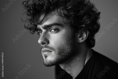 Romantic Italian man with curly hair and stubble, wearing black . He is posing for a profile photo. Black and white. The background is gray. In a cinematic style. photo